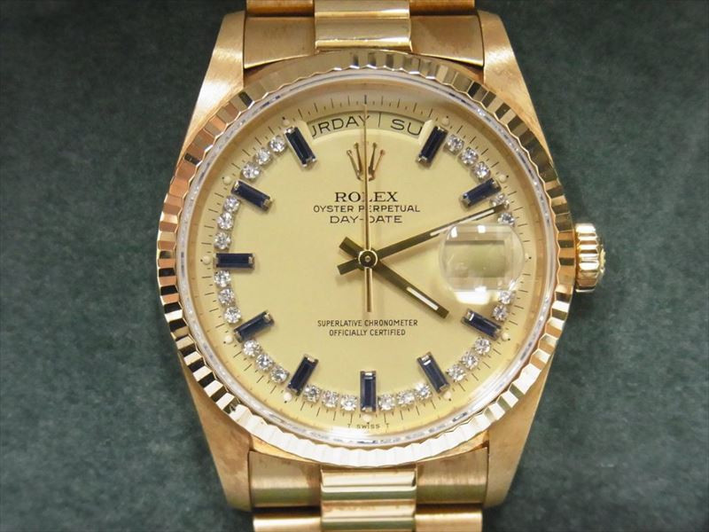 【大阪難波梅田天神橋ブランドラボ】ロレックス 18238 デイデイト 金無垢 YG バゲットサファイア ミリヤードメレダイヤ
